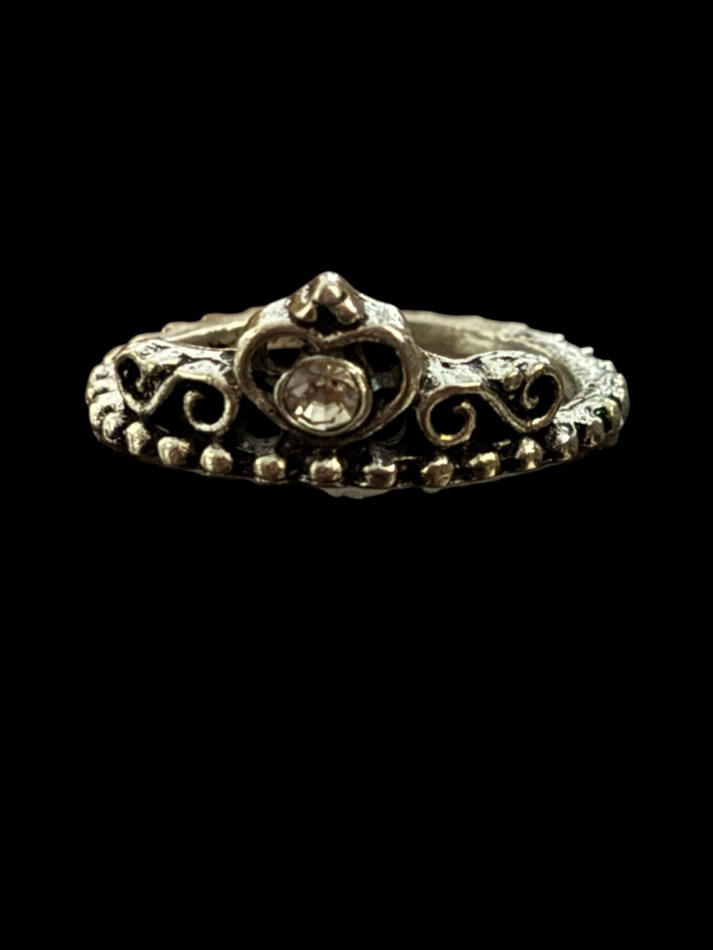 Delicate Silver-Tone Heart Filigree Ring with Clear Stone size 5.5-6